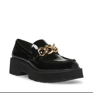 Steve Madden Black Patent Loafers with Gold Chain